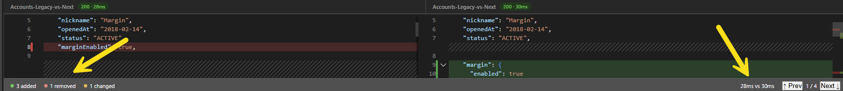 Response time and difference counts shown in the comparison footer