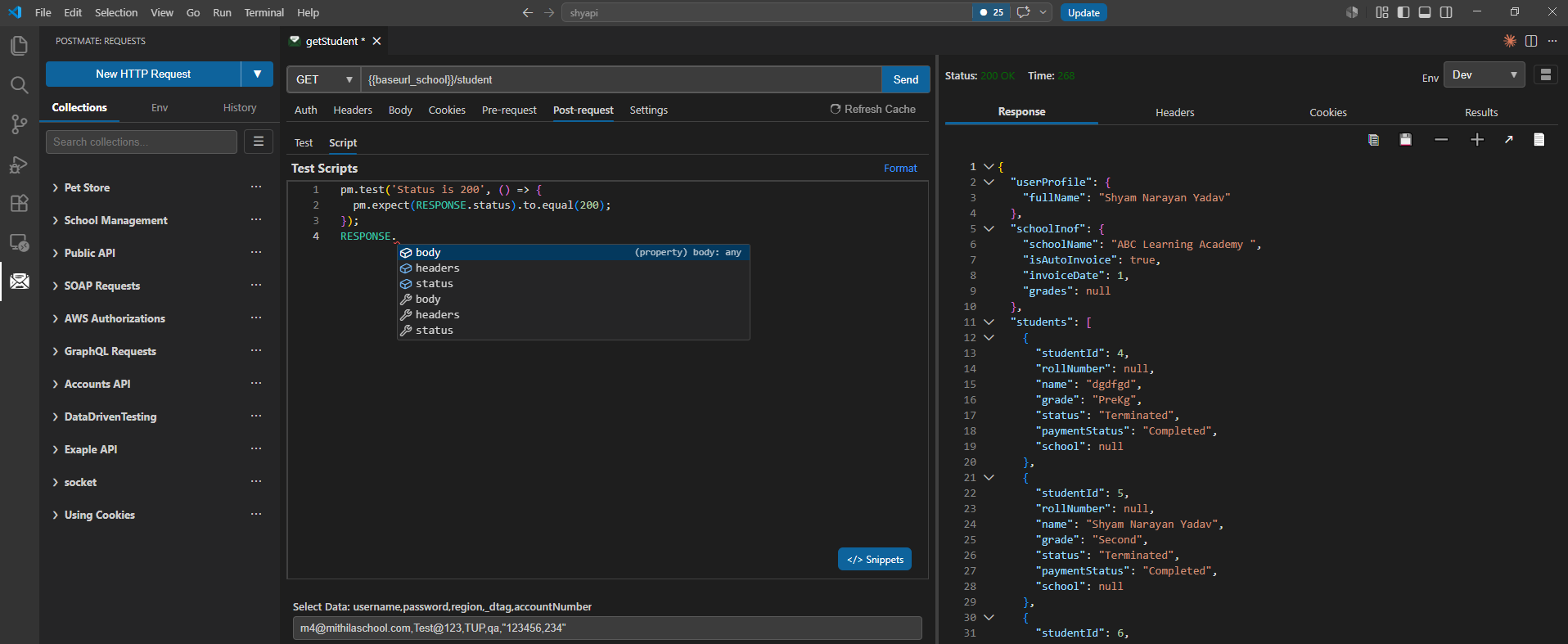 SCREENSHOT: IntelliSense dropdown showing pm.test, pm.expect, pm.setVariable, etc. as you type "pm."