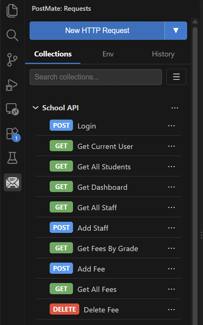 Postmate sidebar showing the School API collection with requests named Login, Get All Fees, Add Fee, Get Fees By Grade, Delete Fee and more
