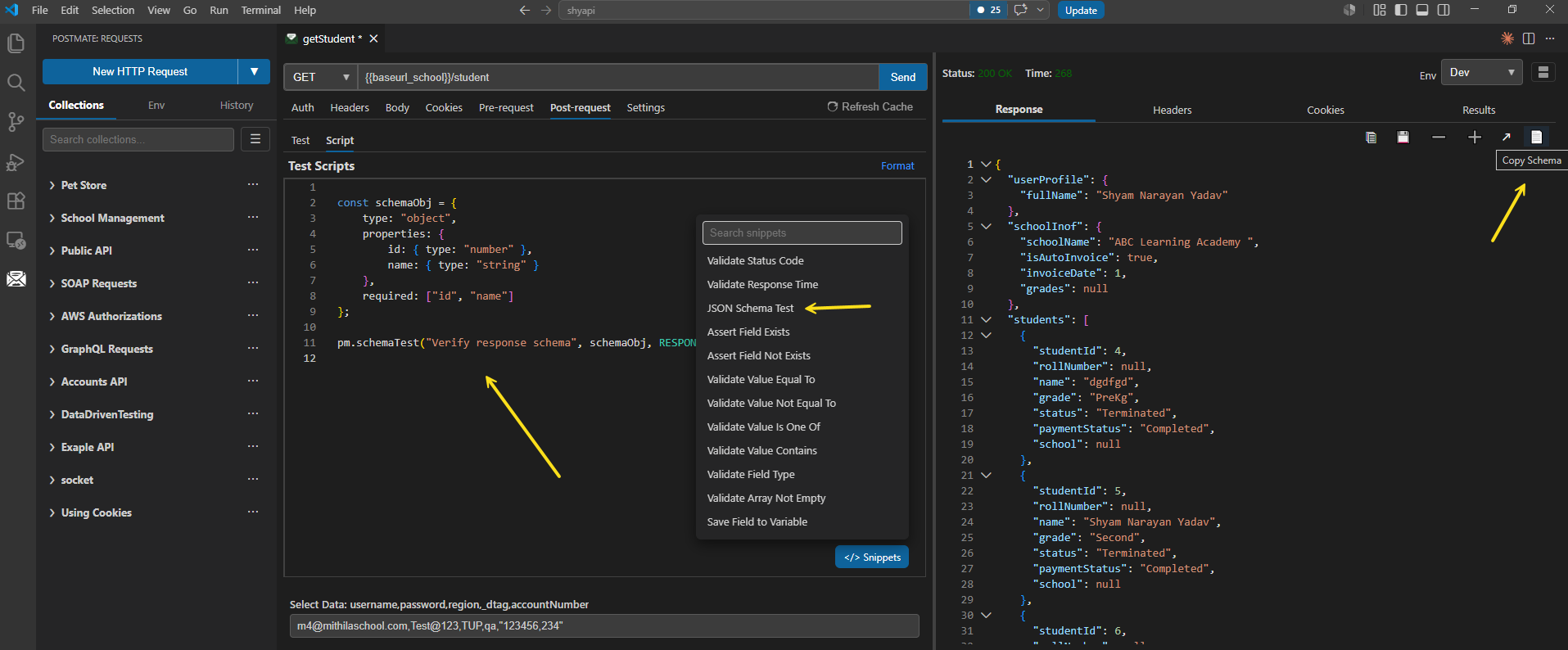 SCREENSHOT: Generate Schema button in the response panel with the generated JSON Schema output