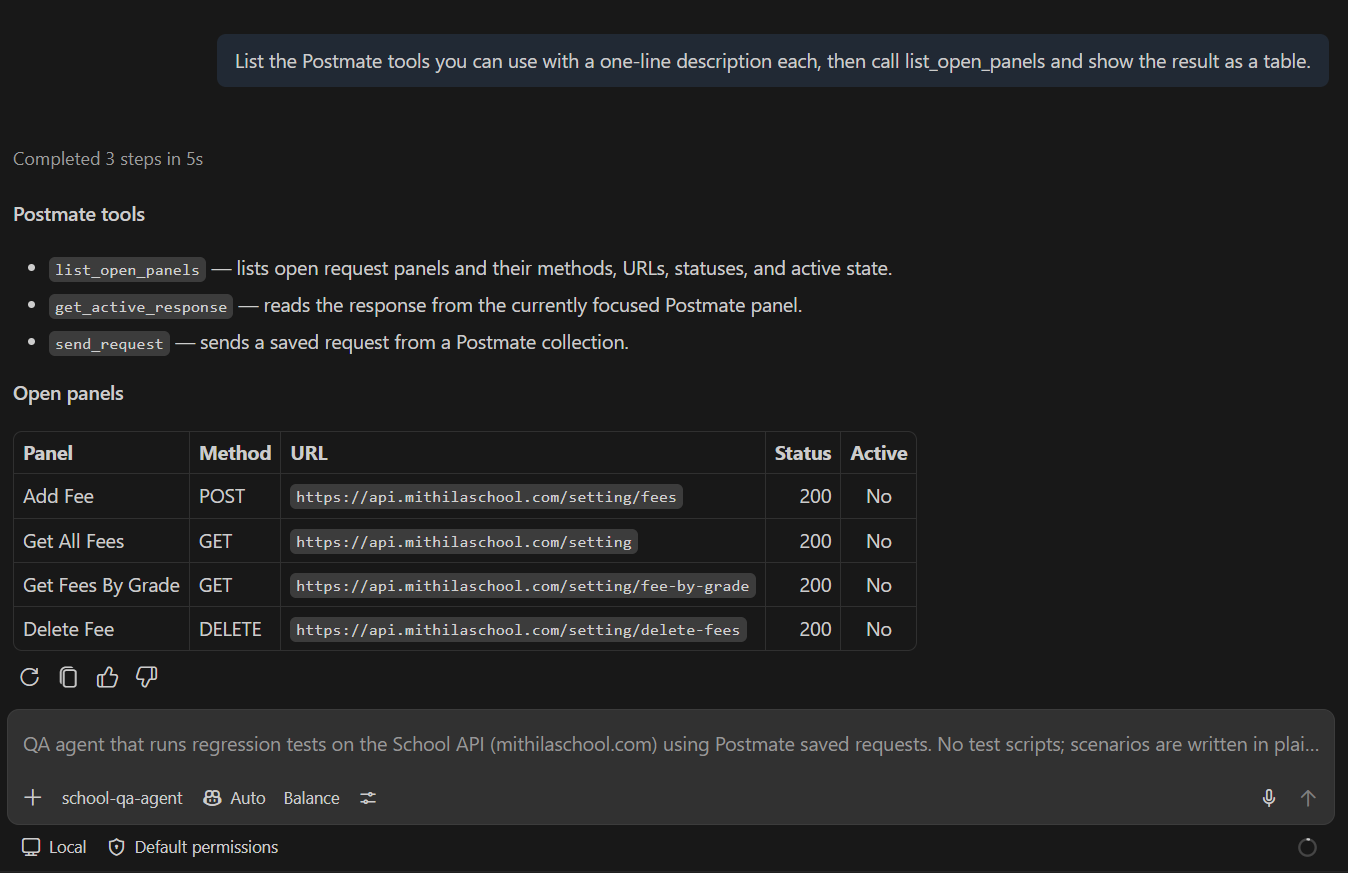 Agent listing its available tools: workspace read tools and three Postmate tools