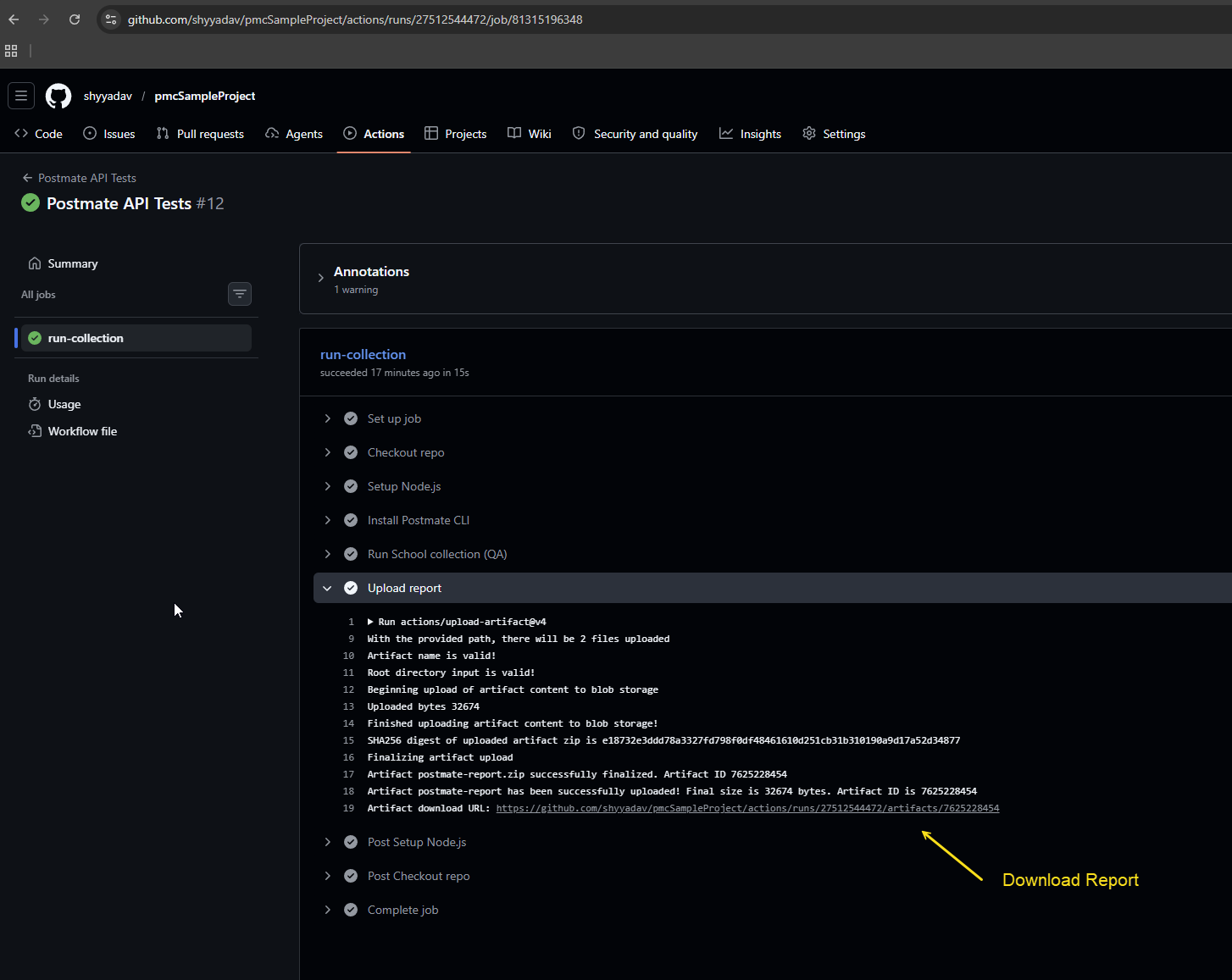 Download report from GitHub Actions artifact