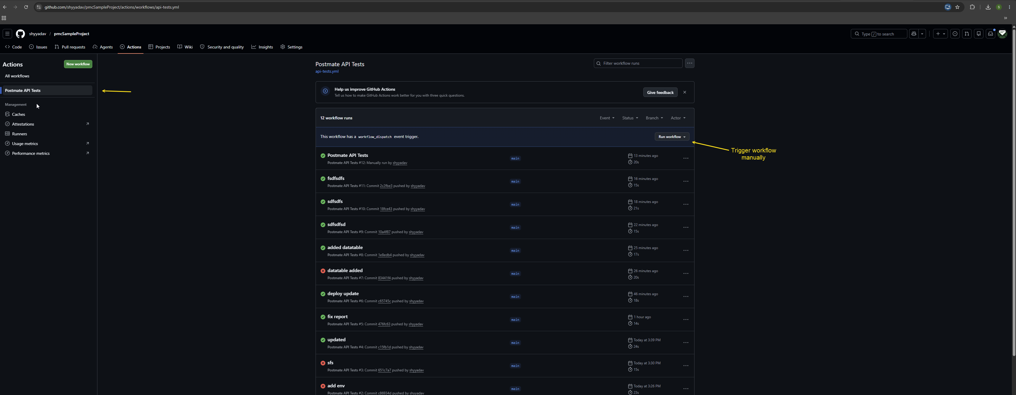 Trigger workflow manually from GitHub Actions