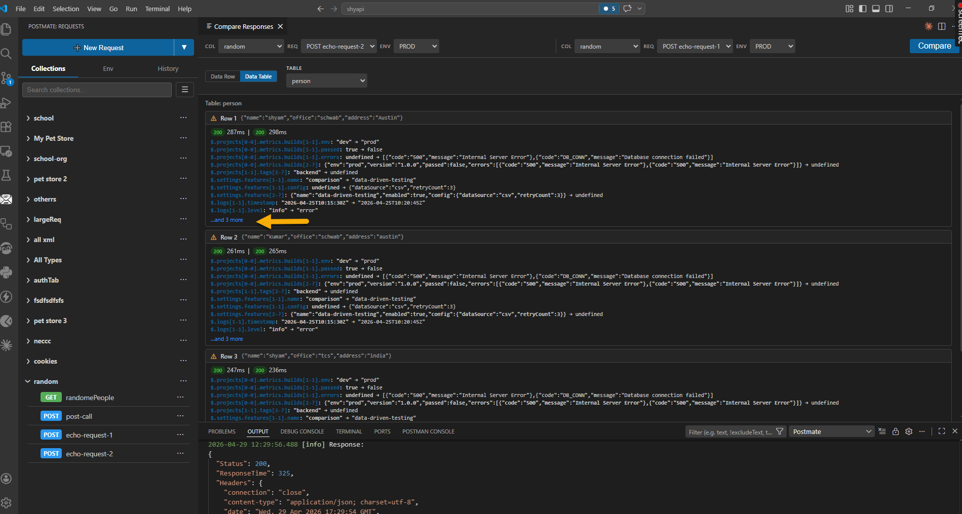 API response compare with bulk data in postmate client