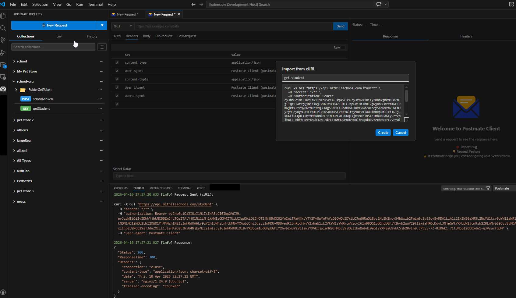 PMC Import from cURL dialog opened from within a folder, showing the request name field and cURL input area