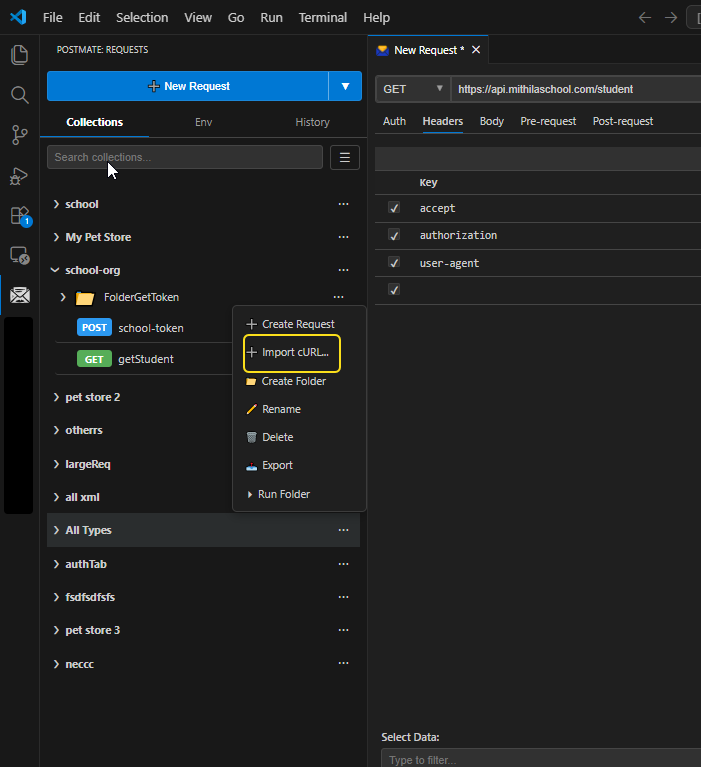 PMC sidebar showing the context menu for a folder with Import cURL option highlighted
