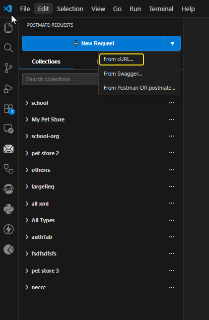 Postmate Client sidebar showing the New Request dropdown with From cURL option highlighted