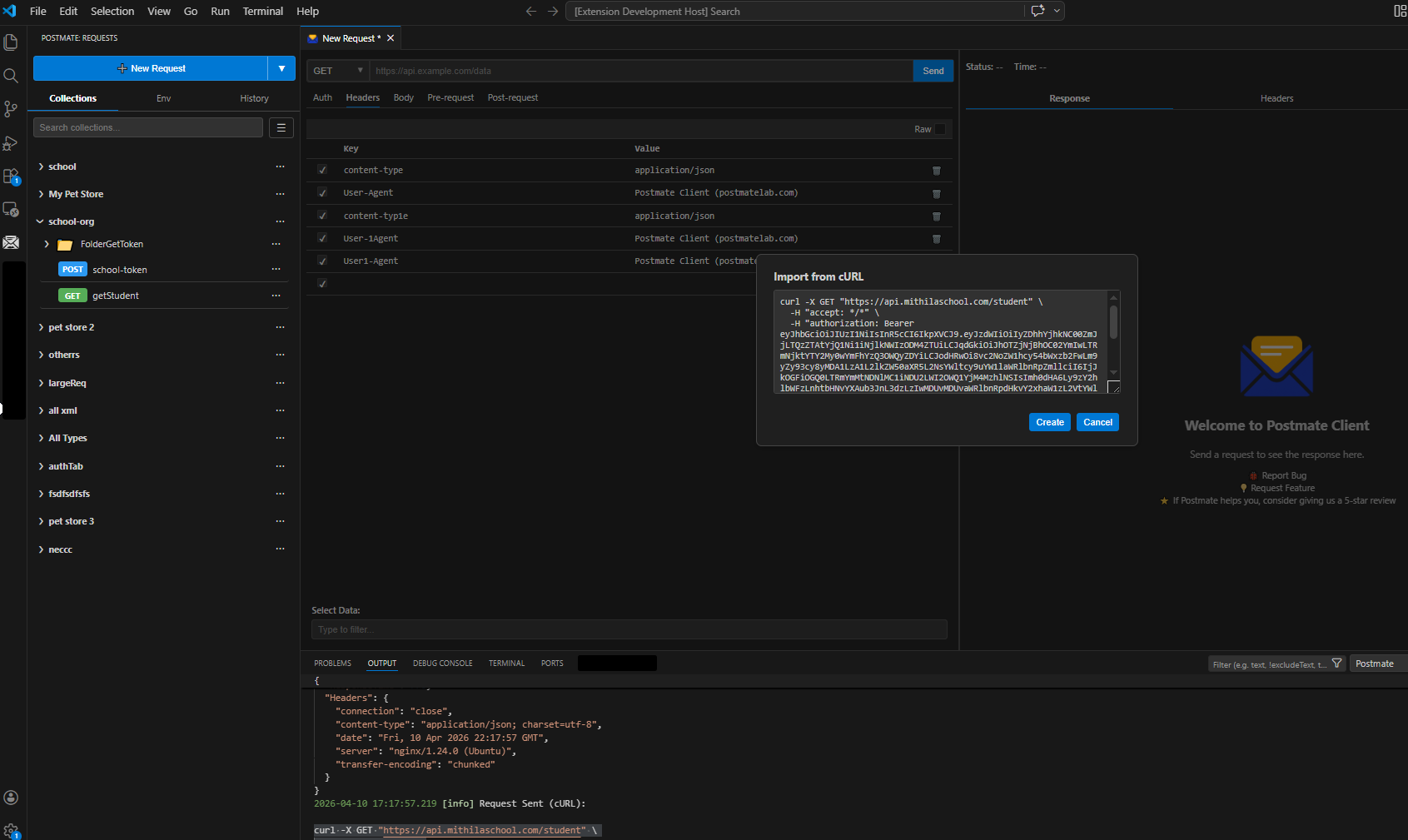 Postmate Client Import from cURL dialog with a curl command pasted in and the Create button visible