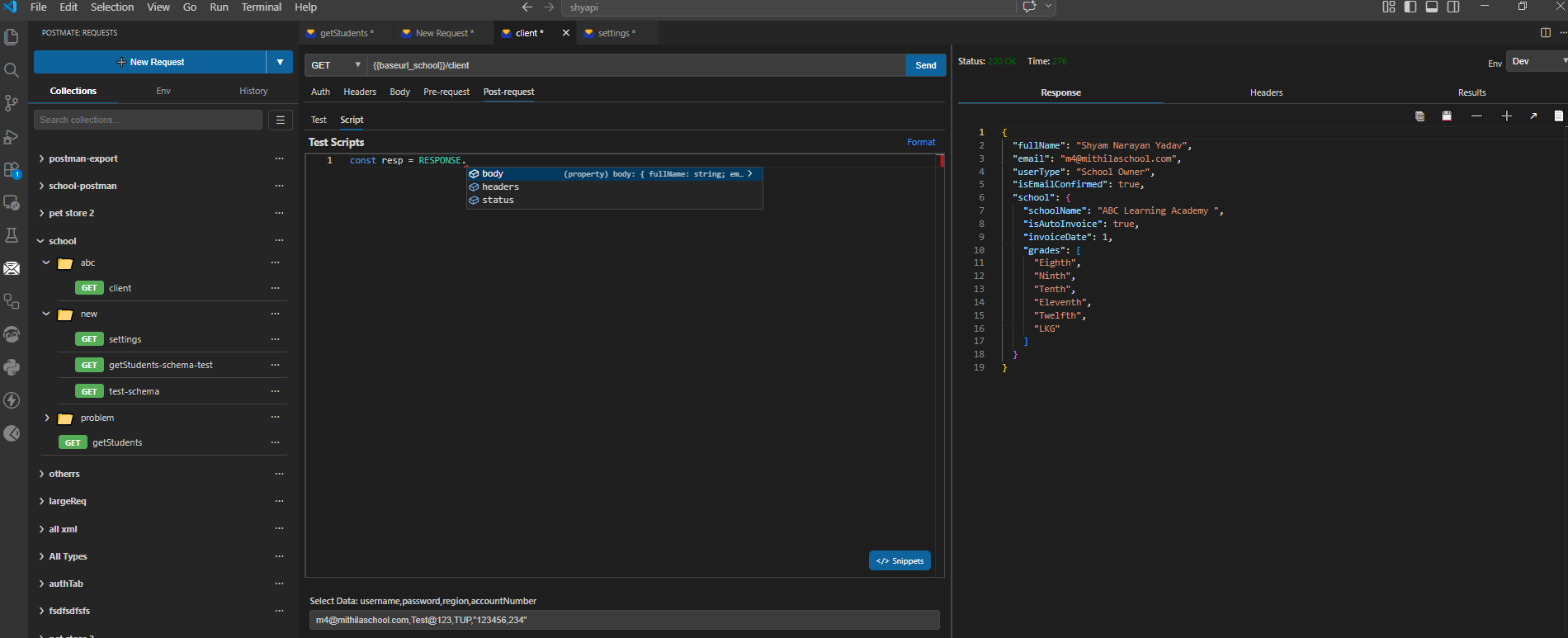 IntelliSense suggestions in Postmate Client