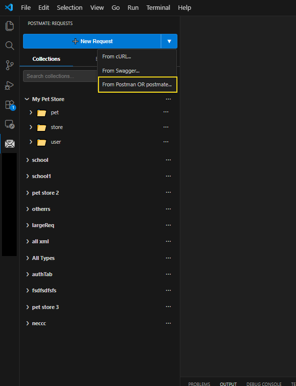 Postmate Client sidebar showing the New Request dropdown with From Postman OR postmate option highlighted