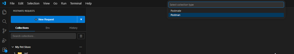 Postmate Client collection type selector showing Postmate and Postman options with Postman highlighted