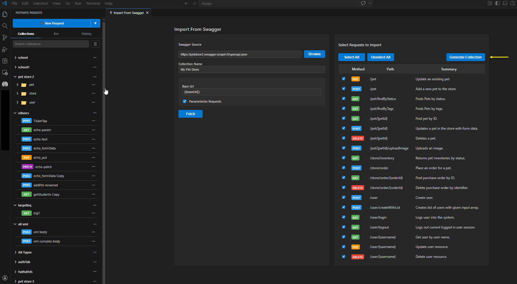 Postmate Client showing fetched requests from the Petstore OpenAPI spec with Method, Path, and Summary columns