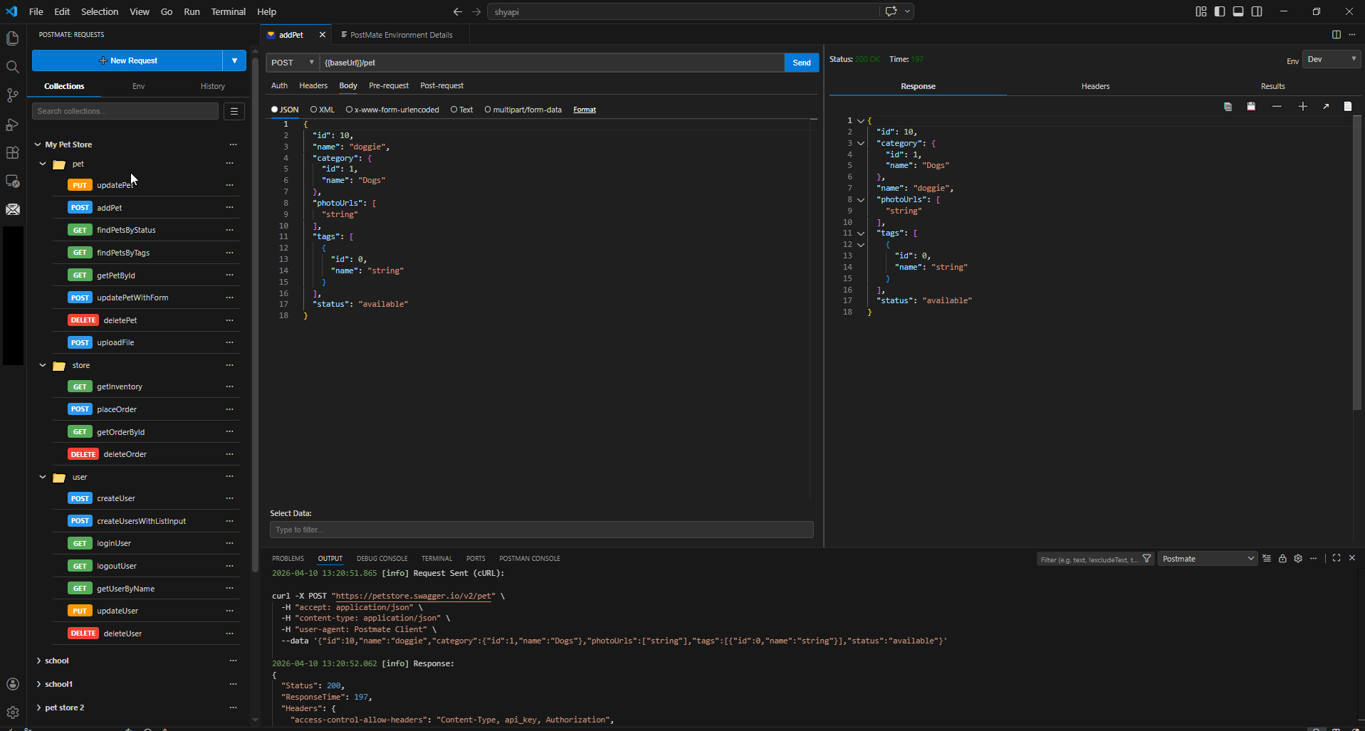 Postmate Client showing the generated My Pet Store collection with pet, store, and user folders and all requests