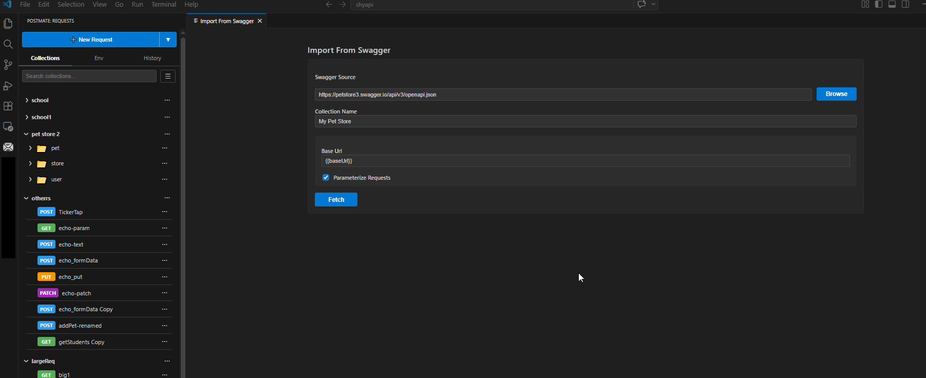 Postmate Client Import From Swagger form with Swagger Source URL, Collection Name, Base URL, and Parameterize Requests fields