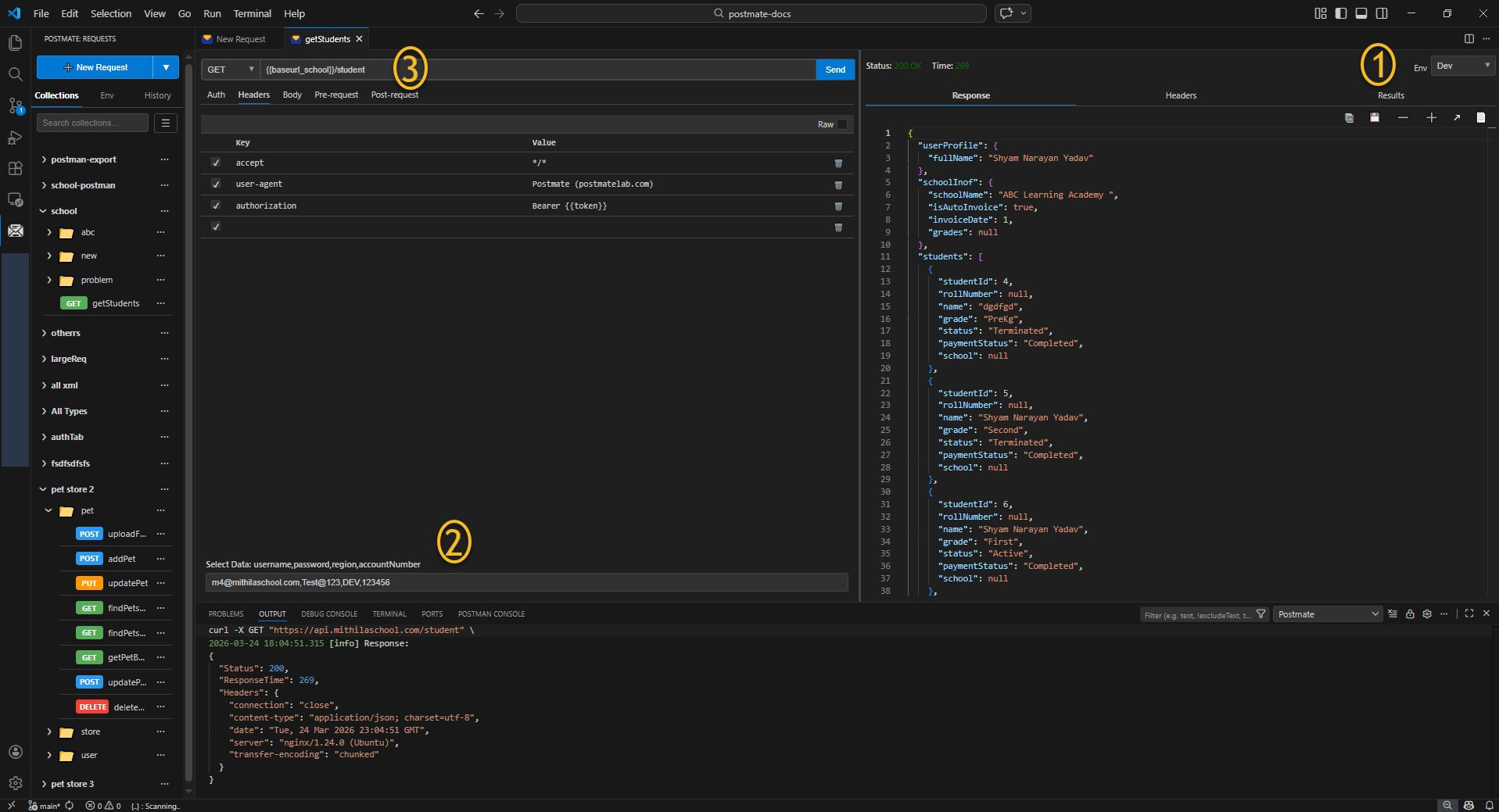 Postmate Client 3-second workflow showing environment and data table selection in VS Code