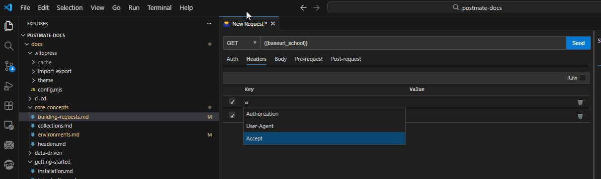 Postmate Client autocomplete feature on headers