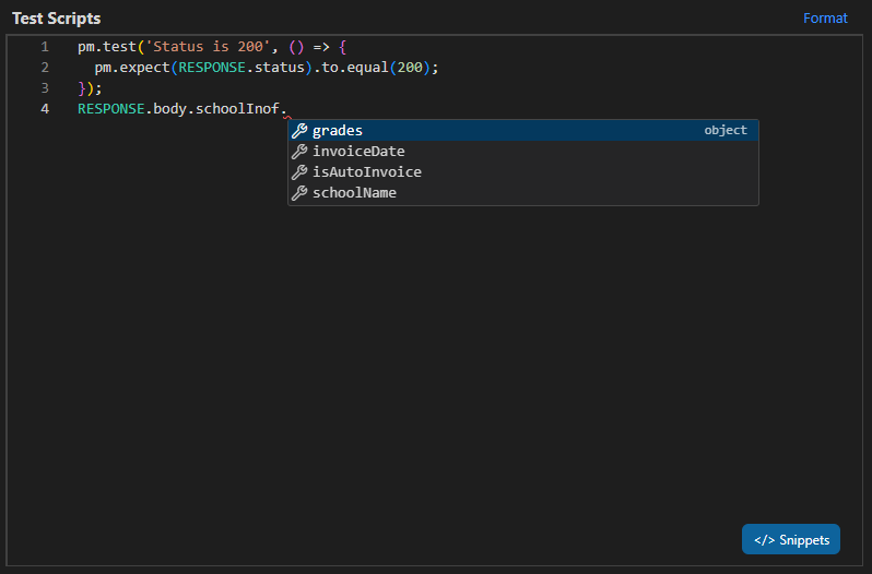SCREENSHOT: Script editor showing RESPONSE.body.schoolInof. with autocomplete dropdown listing grades, invoiceDate, isAutoInvoice, schoolName — all from the live response