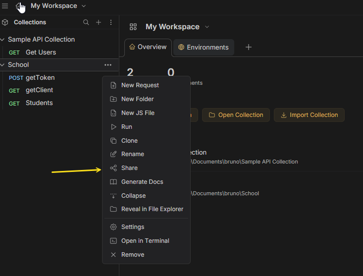Bruno collection options menu with Share option highlighted