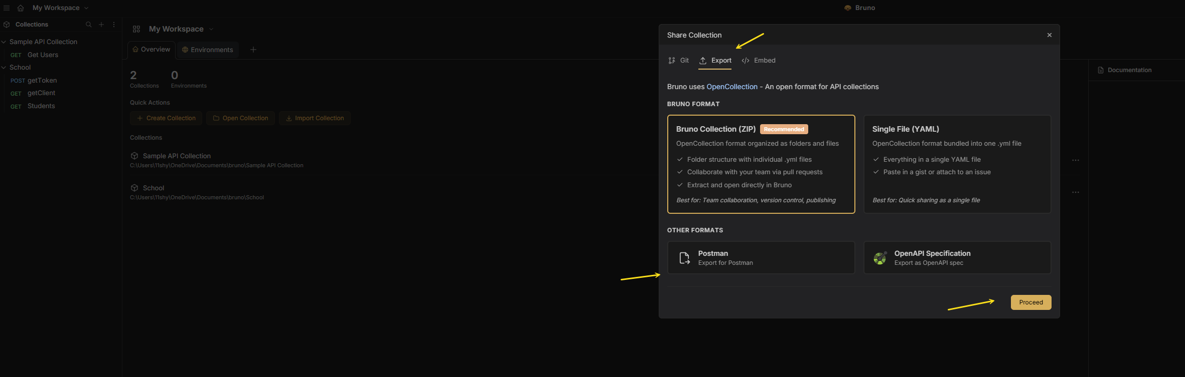 Bruno Share Collection menu with Export tab open showing Postman export option