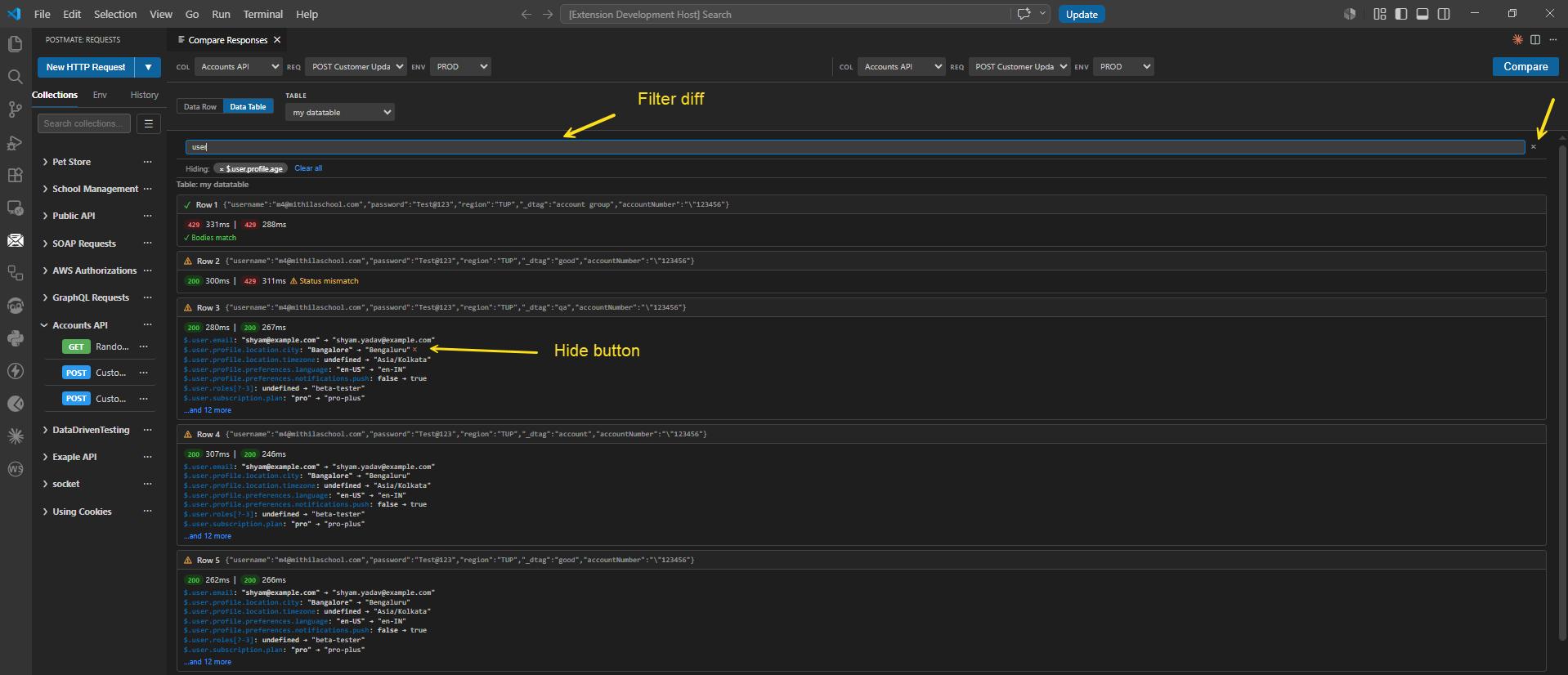 Postmate Client running bulk API response comparison across CSV data table rows