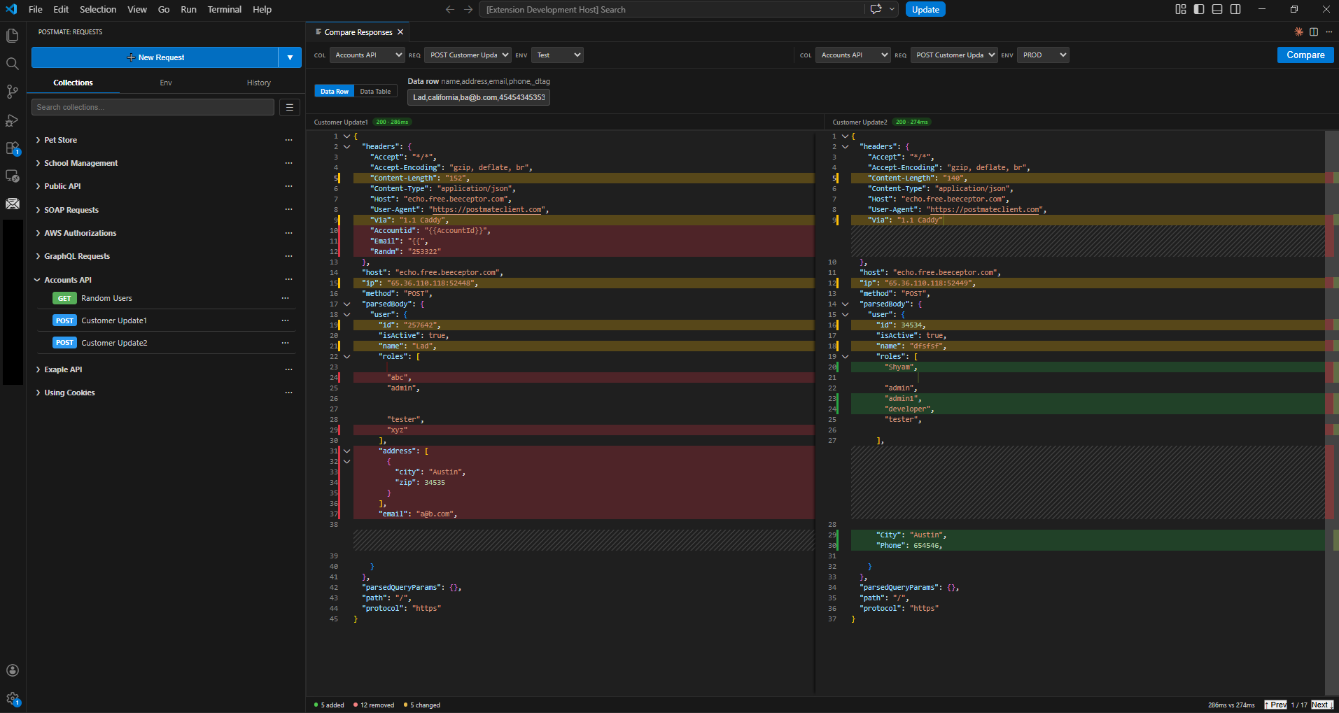 Postmate Client comparing two API responses side-by-side with diff highlights