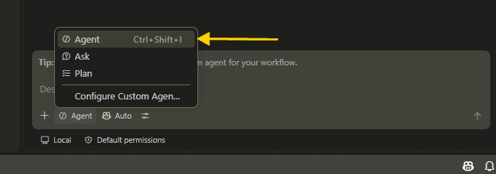 Copilot Chat mode dropdown set to Agent
