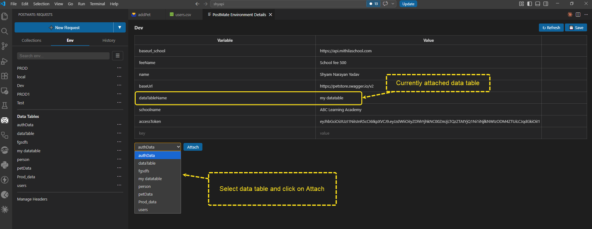 Attaching a CSV data table to an environment in Postmate Client — dropdown selector and Attach button in the environment editor