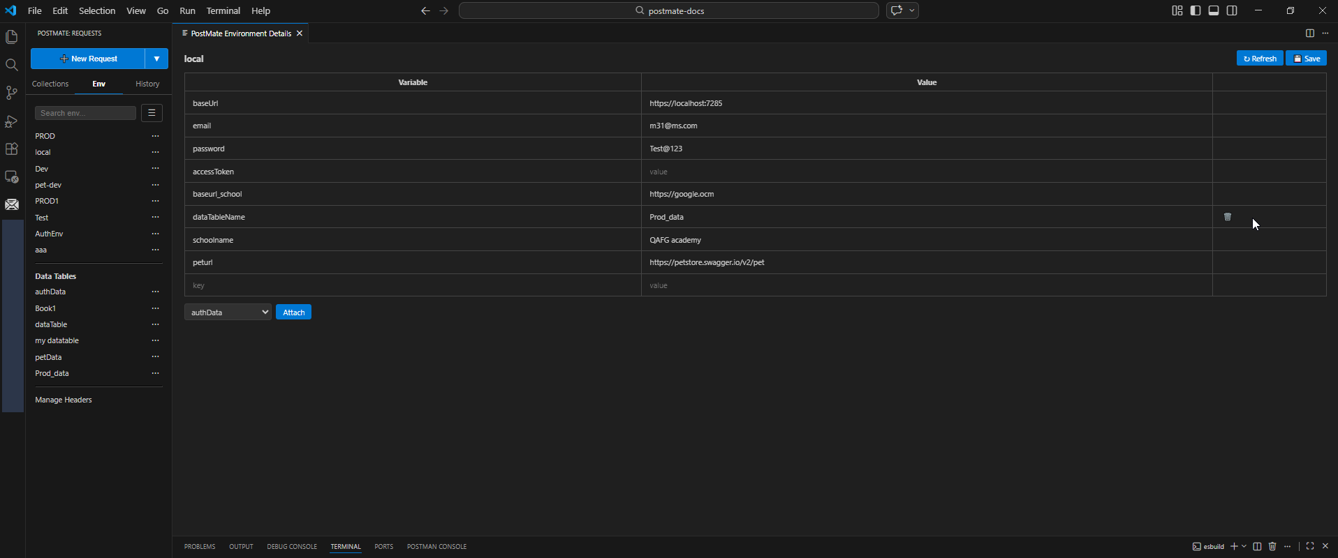 API testing environments panel showing variables and data tables in Postman alternative