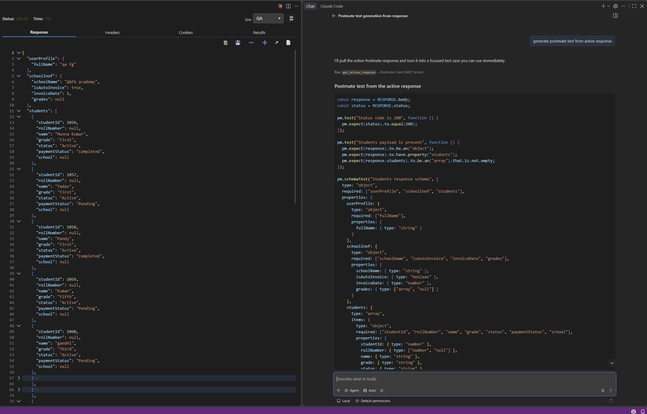 GitHub Copilot generating a Postmate Client API test in VS Code — the schema allows null for fields that are null in the actual response