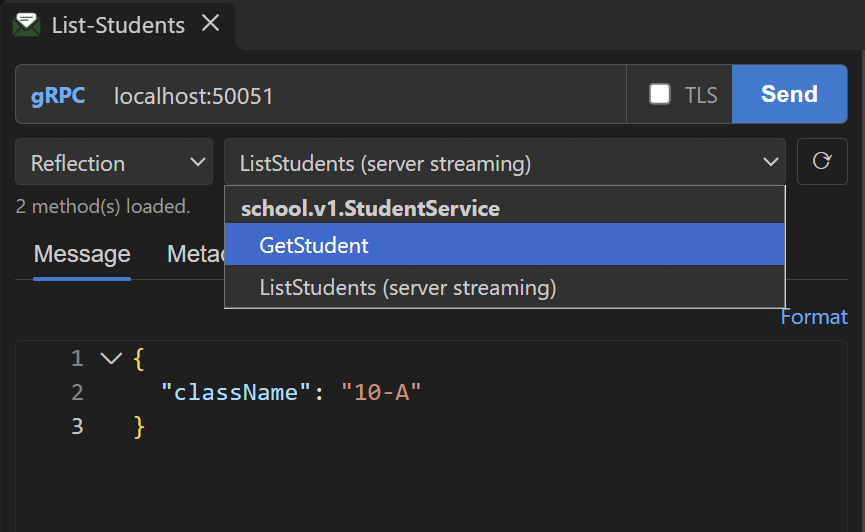 Postmate Client gRPC panel — method dropdown loaded by server reflection, grouped by service, with GetStudent and ListStudents (server streaming)