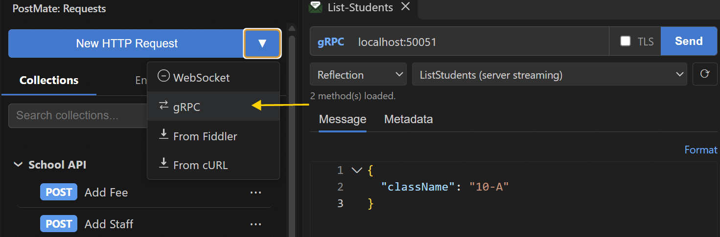 Opening a new gRPC request in Postmate Client — New HTTP Request dropdown showing WebSocket, gRPC, From Fiddler, and From cURL options, with the gRPC panel open on the right