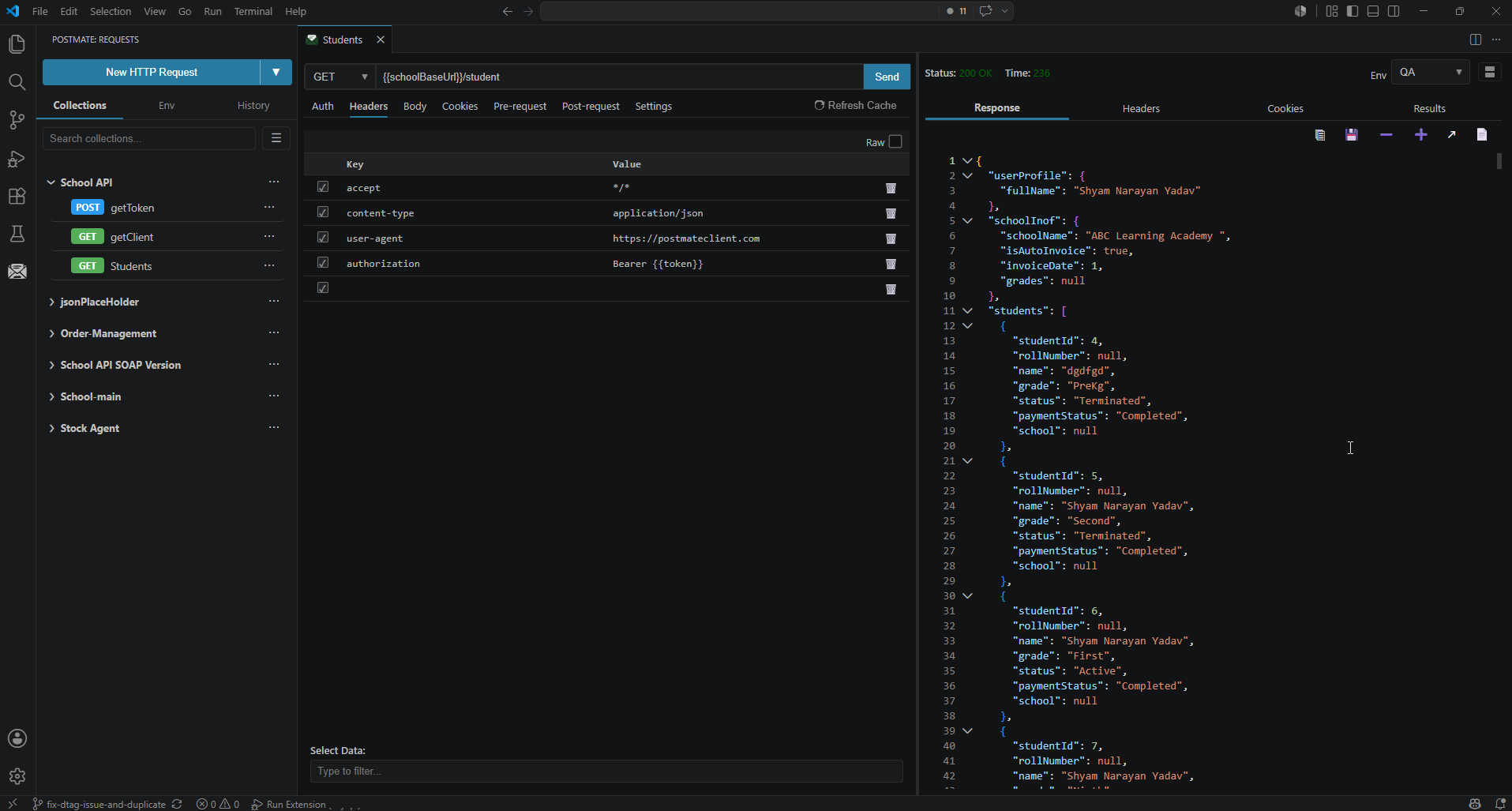 Postmate Client running inside VS Code — request builder, collections sidebar, and response panel