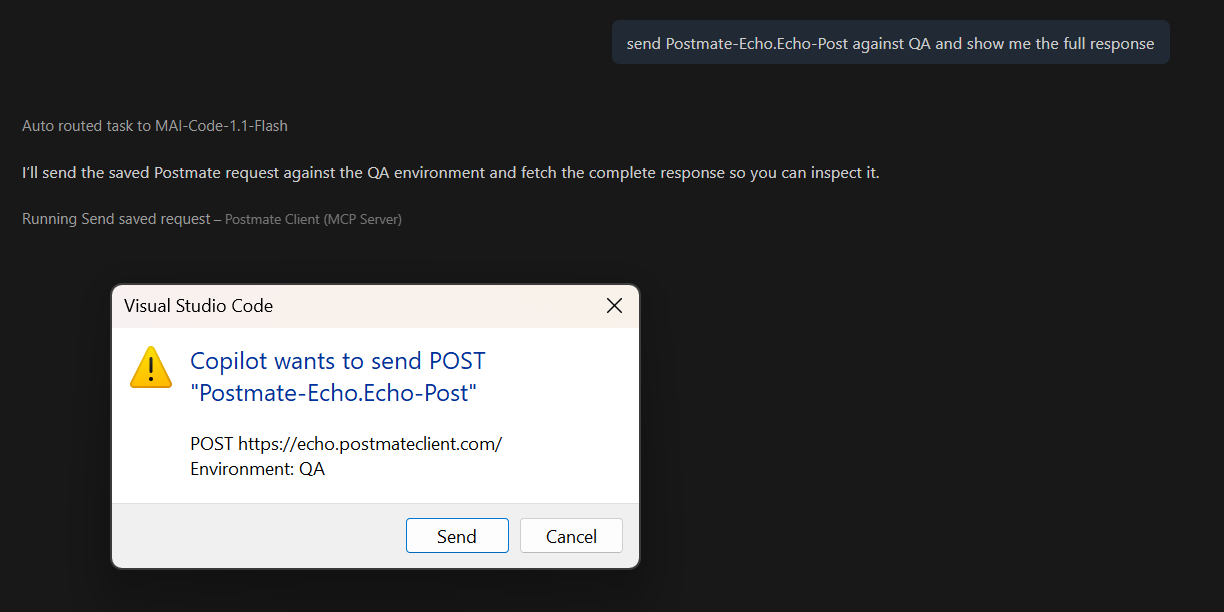 GitHub Copilot asking for confirmation before sending a POST request from Postmate Client