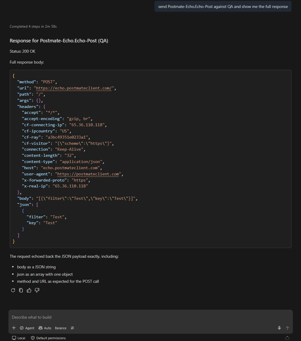 GitHub Copilot running a saved Postmate request and showing the full response