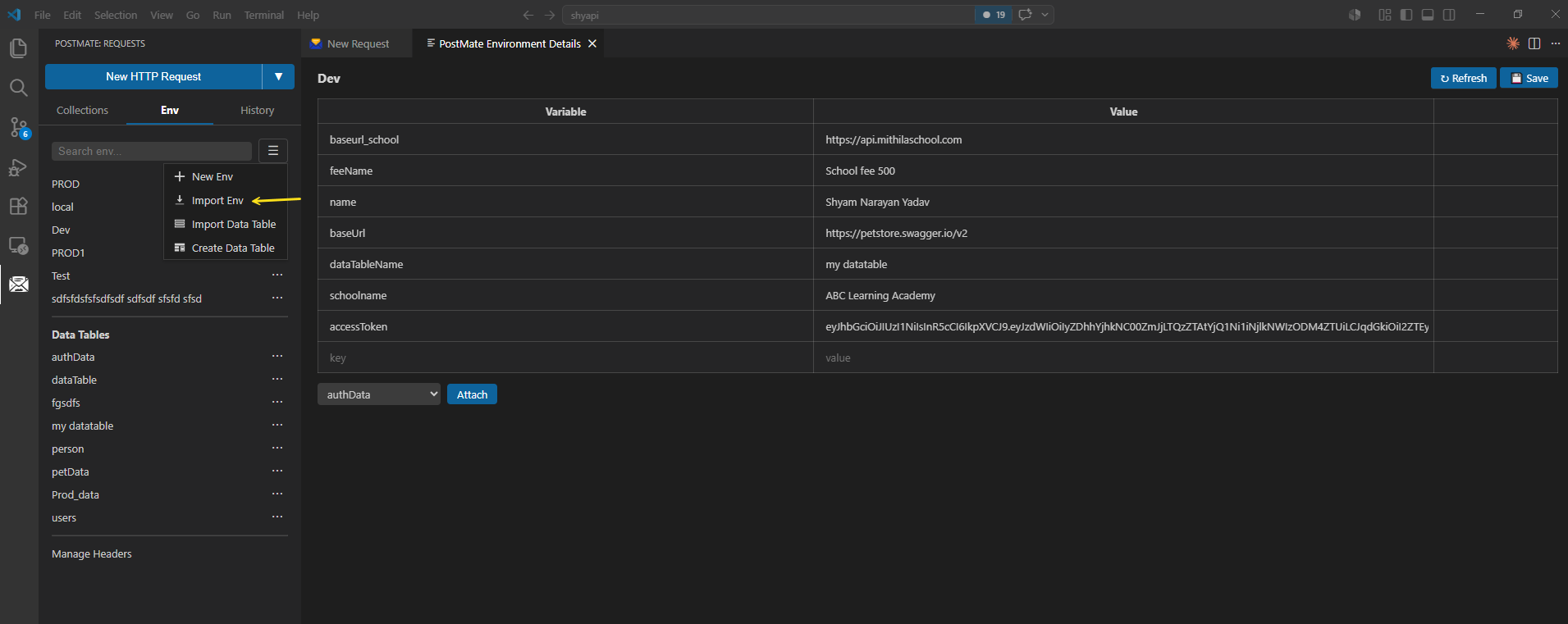 Postmate Client environment hamburger menu showing Import Env option highlighted
