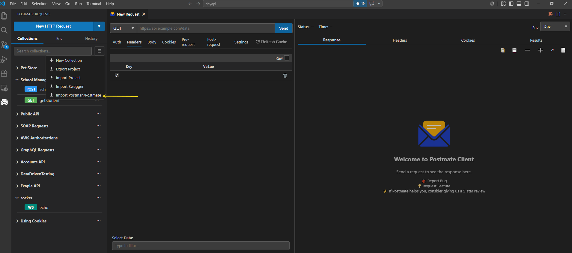 Postmate Client collection hamburger menu showing Import Postman/Postmate option highlighted with arrow