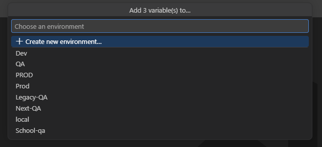 Postmate Client environment picker with "Create new environment" at the top and existing environments listed below