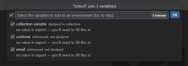 Postmate Client prompt listing collection variables found during import, each with a checkbox