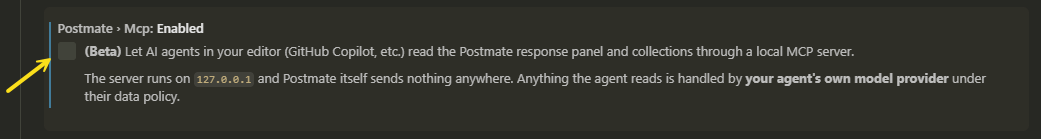 Postmate MCP setting in VS Code Settings, unchecked