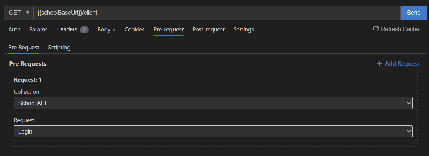 Postmate Pre Request tab with the School API collection and Login request selected, no code needed