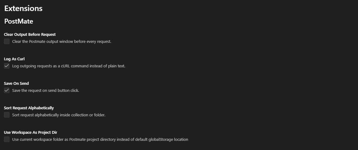 Postmate Client extension settings in VS Code showing Clear Output Before Request, Log As Curl, Save On Send, Sort Request Alphabetically, and Use Workspace As Project Dir with their default values