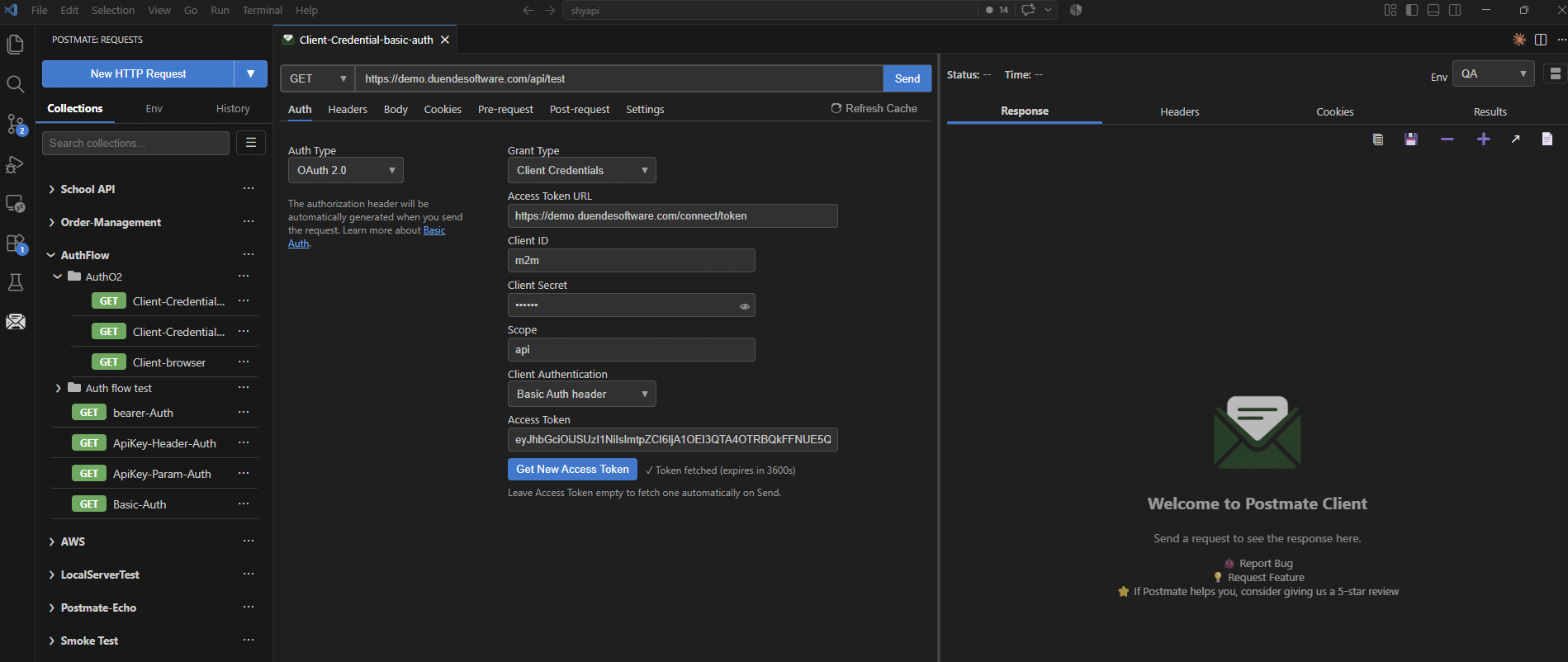 OAuth 2.0 authentication in Postmate Client for VS Code — Client Credentials grant with an access token fetched automatically