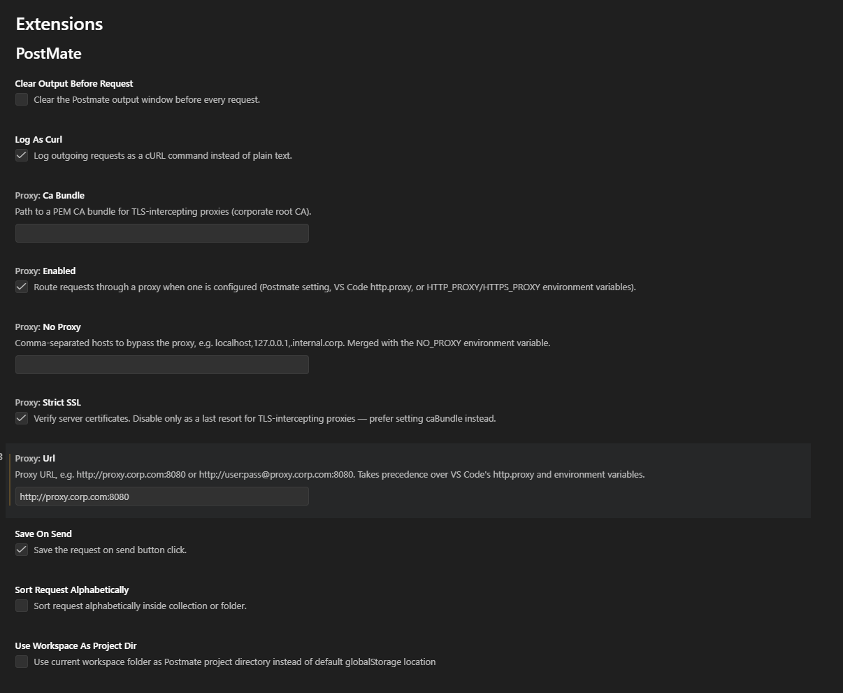 Postmate Client proxy settings in VS Code — proxy URL, CA bundle, noProxy bypass list, strict SSL and enabled toggle