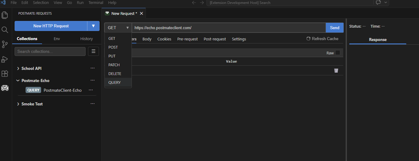 HTTP QUERY method in VS Code API client method dropdown — Postmate Client