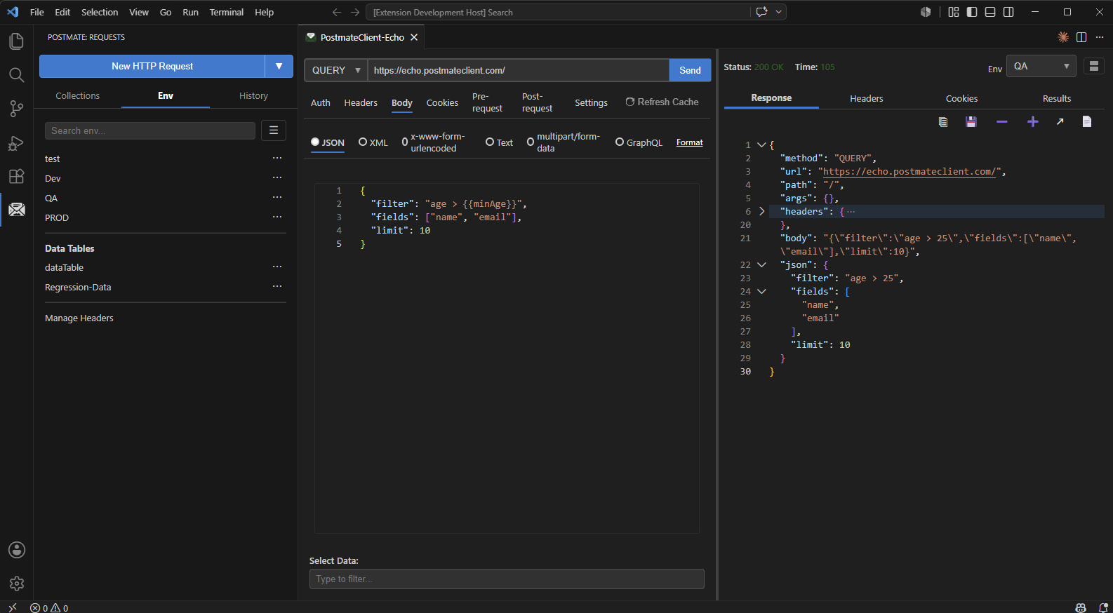 Sending an HTTP QUERY request with a JSON body in Postmate Client — environment variable resolved in the body and echoed back in the response