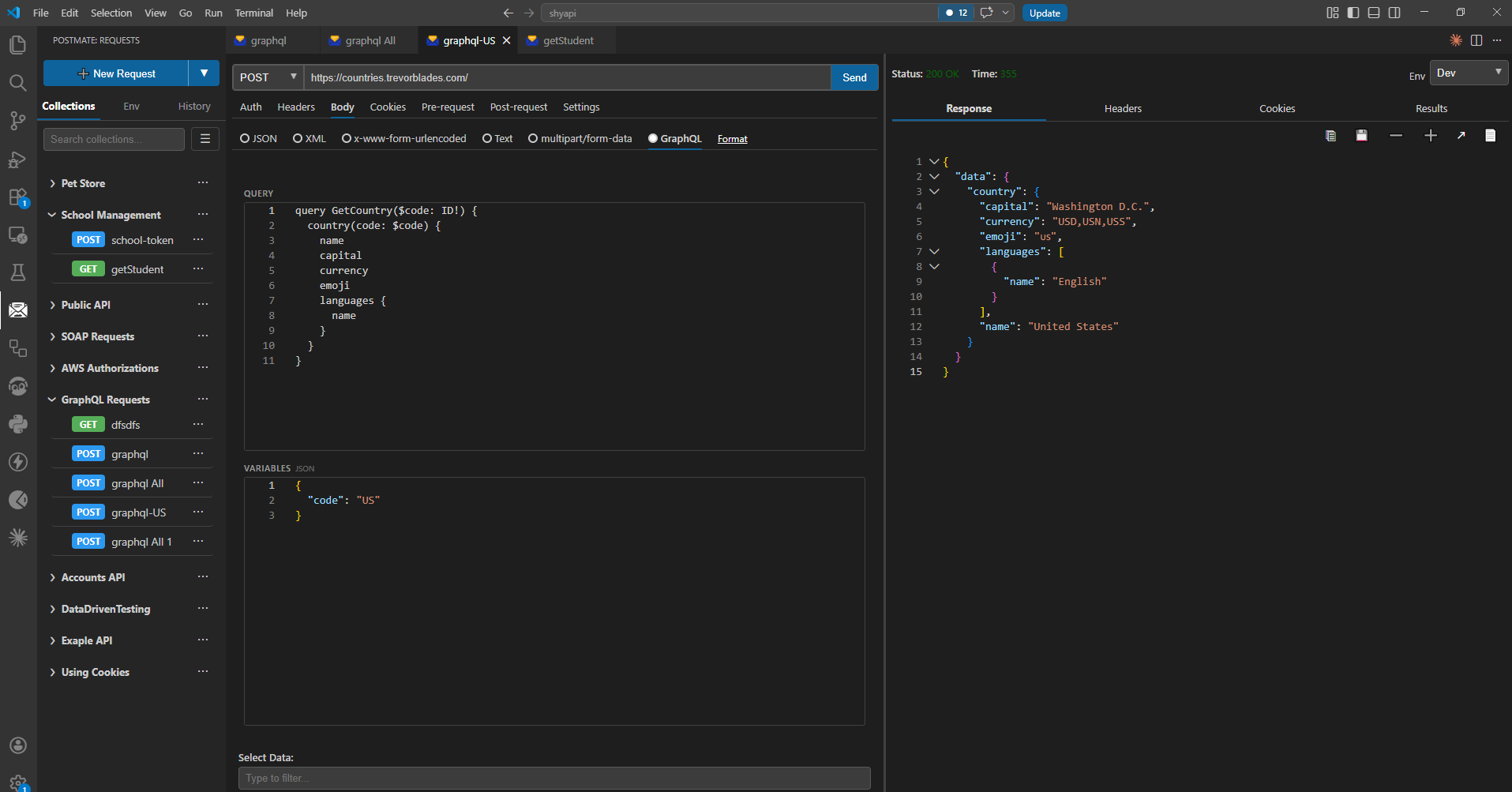 Sending a GraphQL request in VS Code using Postmate Client — a free Postman alternative for GraphQL APIs