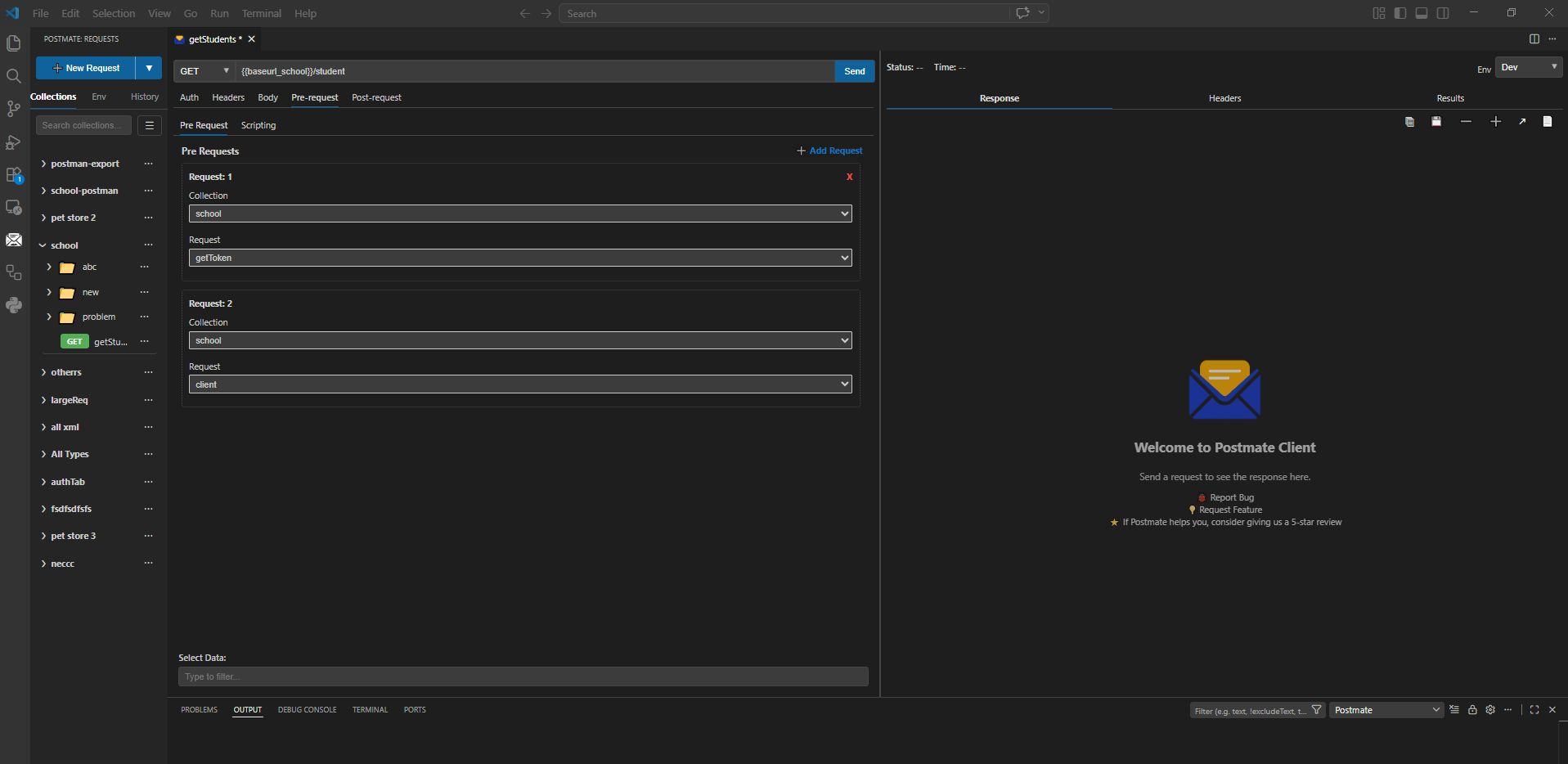 Pre Request tab showing two chained requests — getToken from the school collection, followed by client