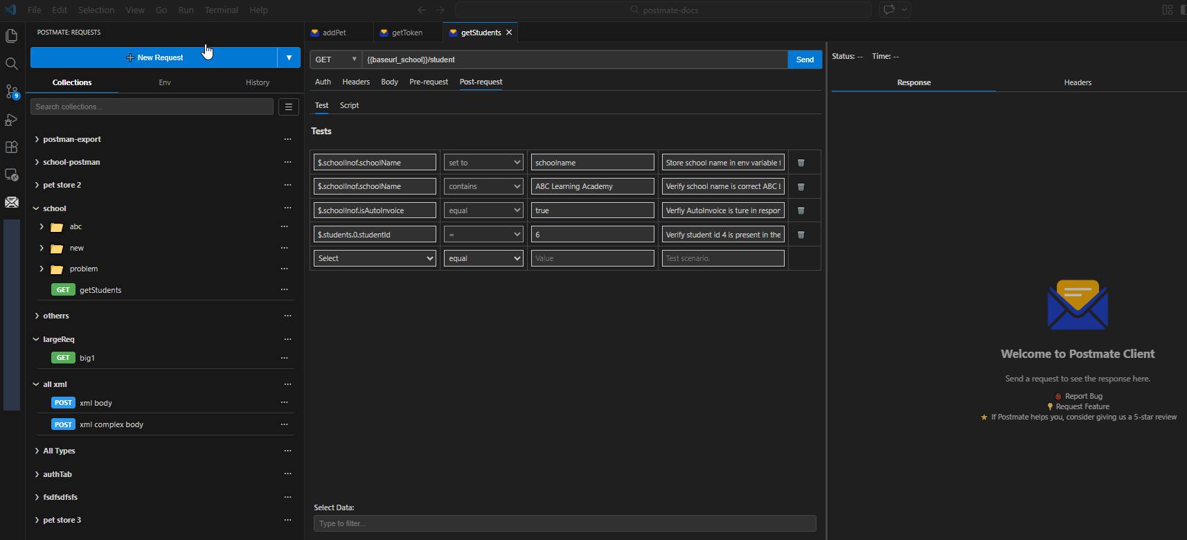 Postmate Client Post-request Script tab with JavaScript editor