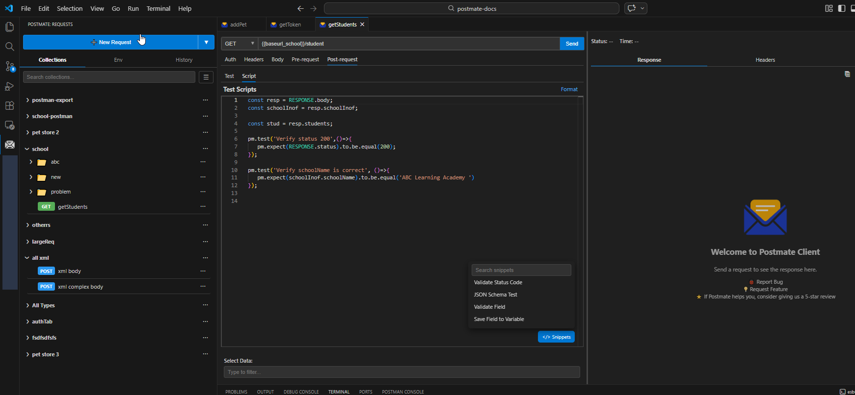 Postmate Client Post-request Test tab with tabular assertions