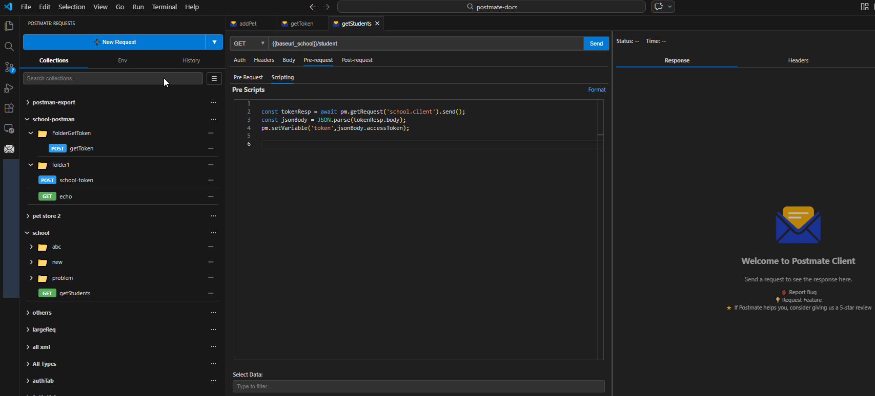 Postmate Client Pre-request tab showing request chaining UI